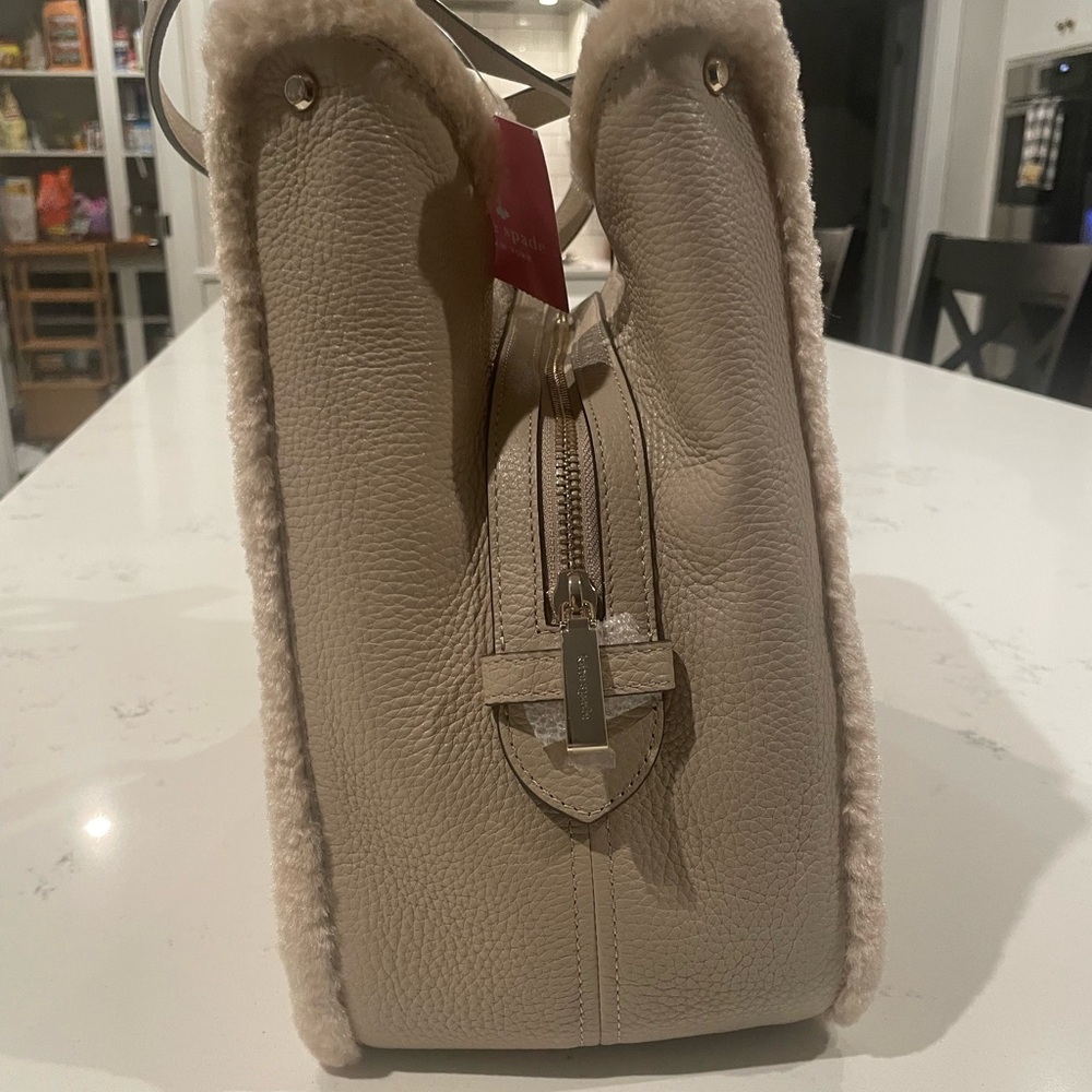 Kate Spade Beige Leather Shoulder Bag with Plush Trim
